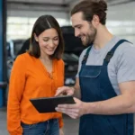 Dos personas en taller mirando una tablet